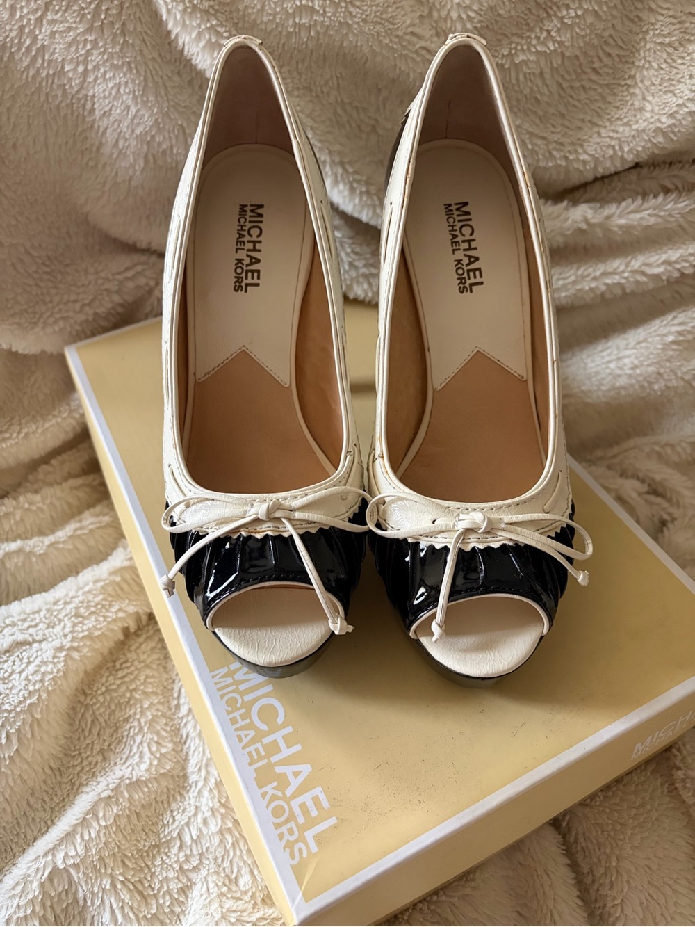 MICHAEL Michael Kors Lolita Cream and Black Peep-Toe Bow Heels